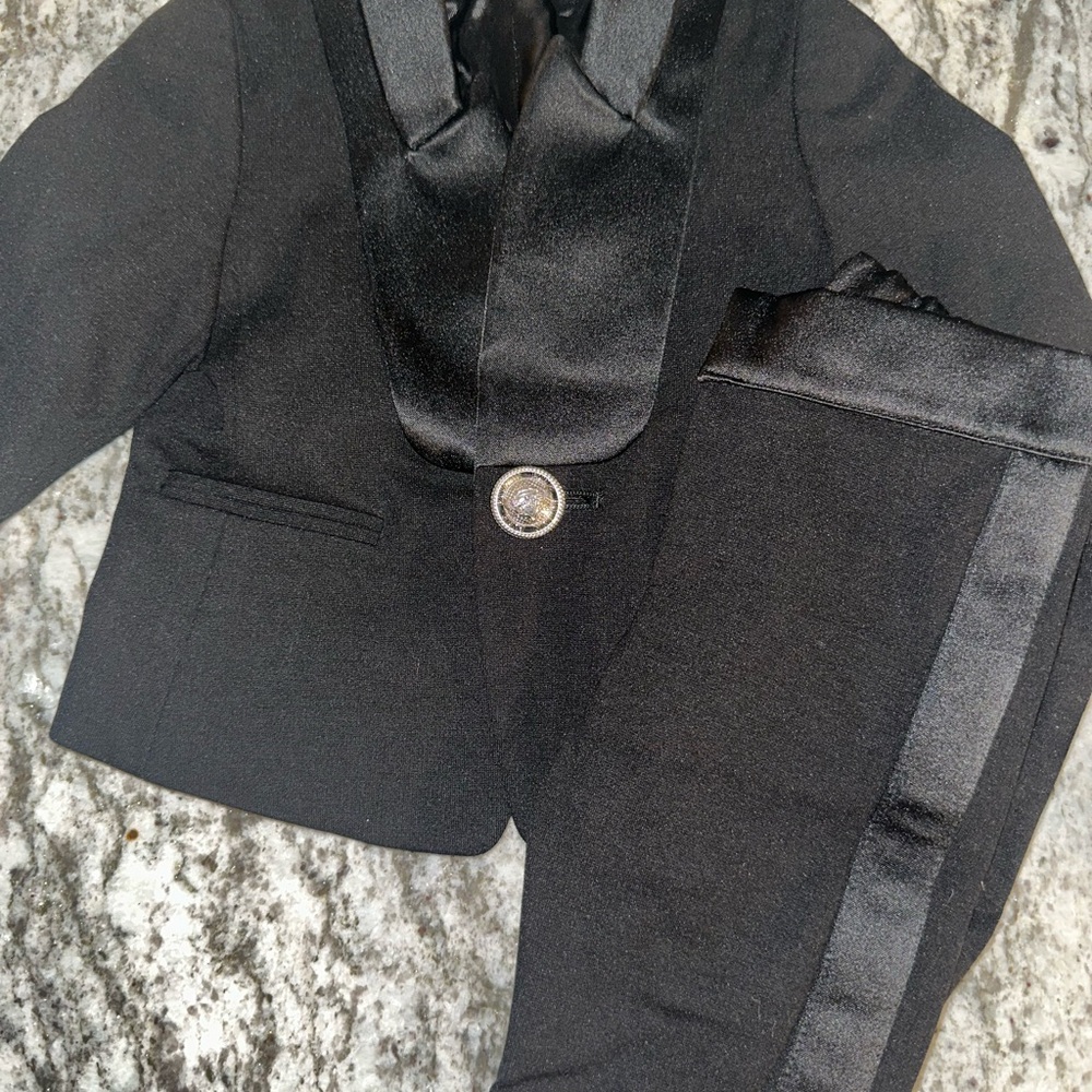 Balmain black satin suit
